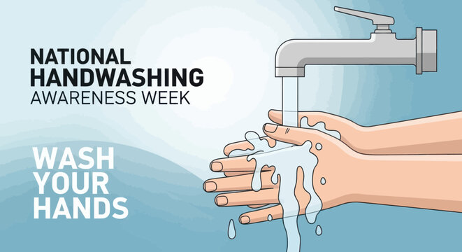 National handwashing awareness week banner with hands under a faucet