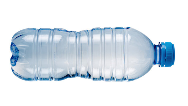Isolated empty clear plastic water bottle with blue cap, lying horizontally, studio shot