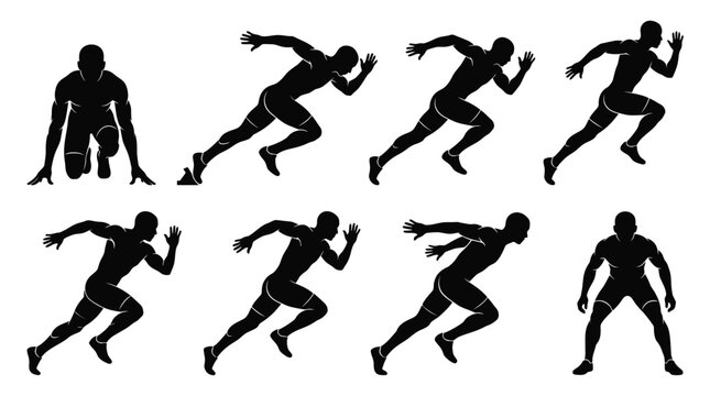 Detailed black vector illustration set of athletic runners showing various dynamic sprinting body movement poses