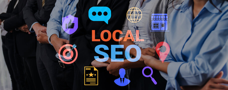 Business professionals collaborate on local SEO strategies to enhance digital presence, focusing on community engagement and marketing effectiveness for local organizations. Gantry