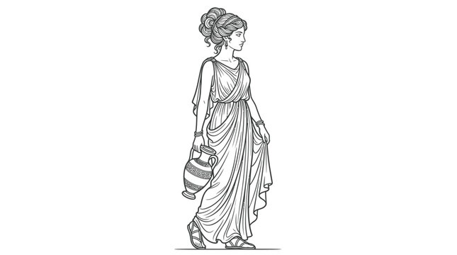 Elegant greek goddess holding a decorative ceramic amphora in this detailed black and white vector illustration