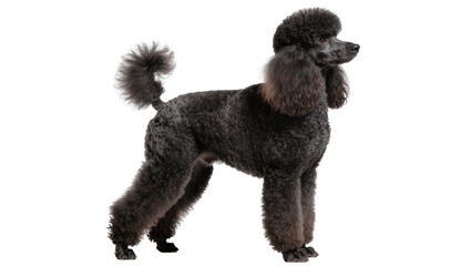 Isolated elegant black standard poodle standing gracefully in profile, looking alert