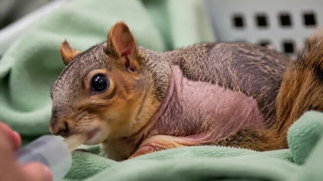 Squirrel being fed with a bottle while resting on a green blanket  
