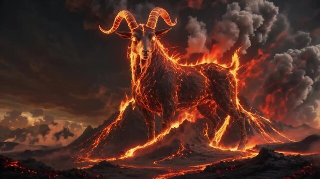 Fiery goat emerging from volcanic eruption with molten lava backdrop  