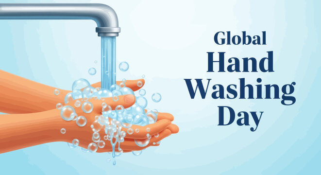 Global hand washing day illustration with water faucet and soap bubbles