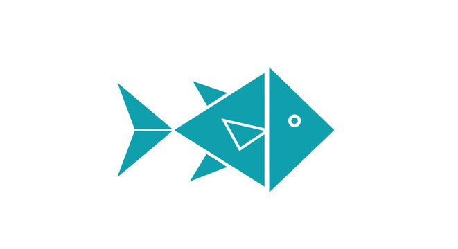 A minimalist geometric teal fish icon on a clean white background, composed of simple triangular and square shapes.