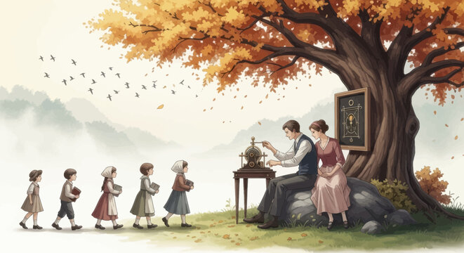 Historical classroom scene under autumn tree