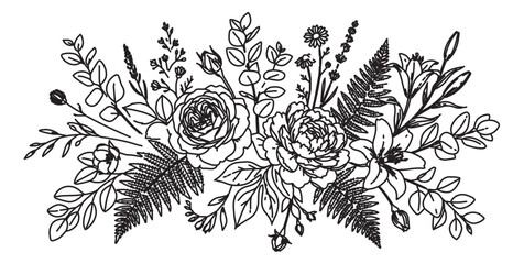Fototapeta premium Vintage botanical line art floral bouquet, hand drawn wildflower arrangement with roses and ferns, black and white garden flower vector illustration