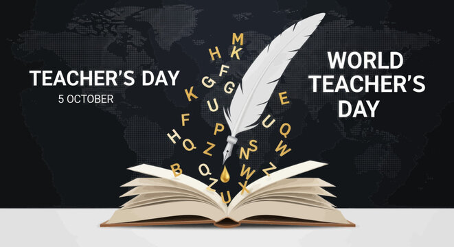 World teachers day celebration banner with book and quill