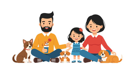Plakat family with dogs sitting together silhouette vector illustration white background parents child pets canine companionship happiness love home lifestyle domestic