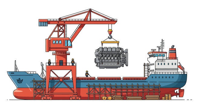 shipyard scene with crane and cargo ship silhouette port transport industrial marine logistics loading dock waterway vessel freight transportation harbor