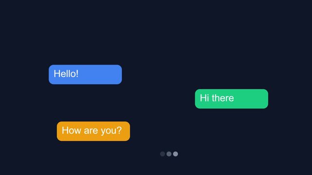 Animated mobile chat interface with text message bubbles and typing indicator on dark background messaging