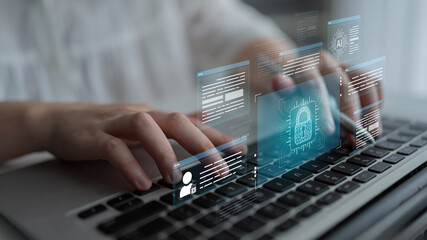 Plakat AI cybersecurity safeguards systems with encryption, access control, and AI secure data flow. Futuristic cyber security featuring AI digital shield, zero trust and AI threat detection system. Corpus