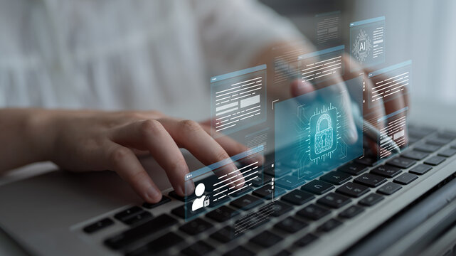 AI cybersecurity safeguards systems with encryption, access control, and AI secure data flow. Futuristic cyber security featuring AI digital shield, zero trust and AI threat detection system. Corpus