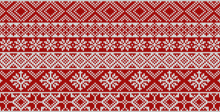 Christmas ugly sweater knitted ornament with snowflakes. Red and white horizontal illustration. Vector design. 