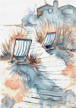 Striped Deck Chairs on Sunlit Garden Steps, Coastal Terrace Scene, Hand Painted Watercolor
