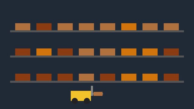 Flat animation of automated warehouse forklift moving boxes on shelves logistics automation supply chain