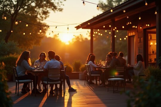Friends enjoying dinner on outdoor patio during golden hour sunset
