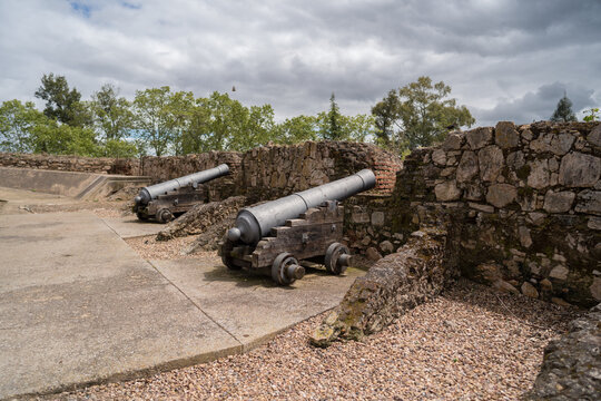 Ancient cannons on stone walls in Badajoz Spain