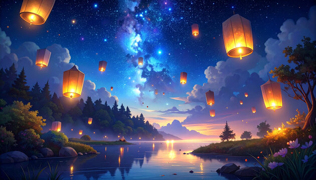 Sky lanterns floating on the river at night