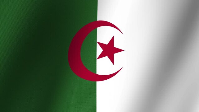 Algerian flag waving: A close-up view of the Algerian national flag, displaying its striking bicolor of green and white with a central red crescent and star, fluttering in the breeze.