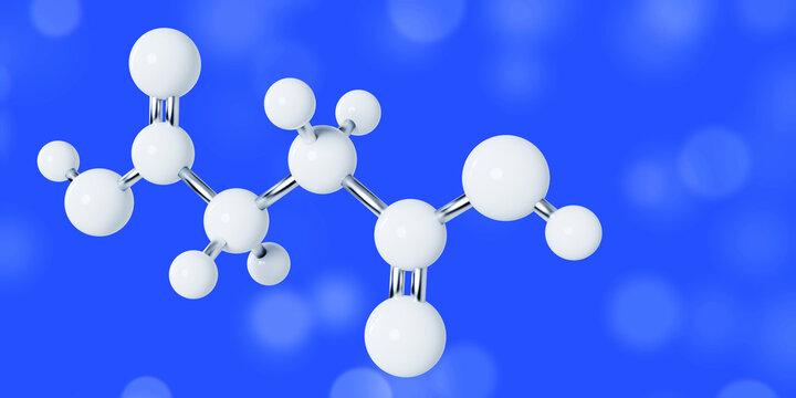 Succinic acid molecule, 3D model. Butanedioic acid, citric acid cycle intermediate, krebs cycle, cellular respiration, precursor to some polyesters, food additive E363, 3d render