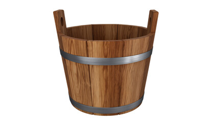 Isolated traditional wooden bucket with metal hoops, rustic sauna accessory, vintage container for liquids © Aoife