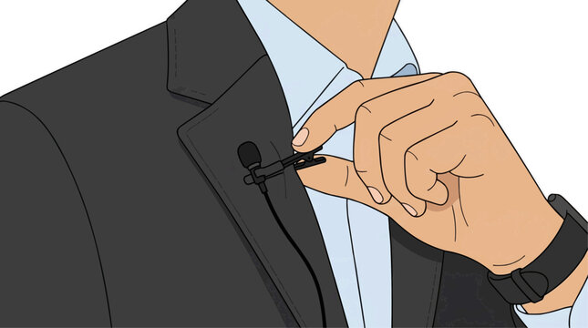 Person attaching a lavalier microphone to a suit jacket for recording audio Behind the scenes tournament, vector 2d illustration