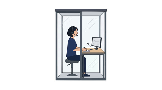 Interpreter working in a soundproof booth with computer and microphone Behind the scenes tournament, vector 2d illustration