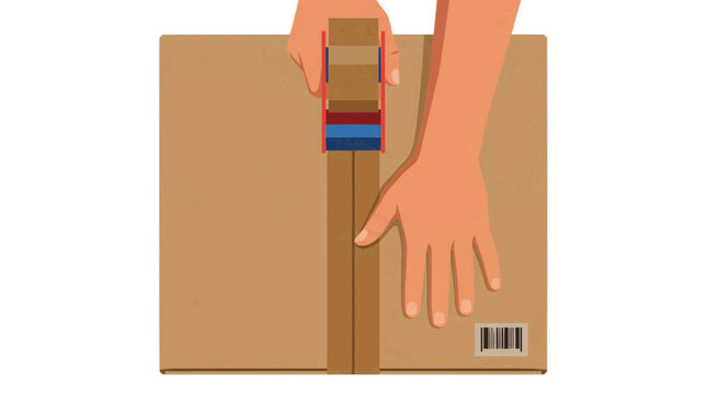Hands sealing a cardboard box with tape dispenser and barcode Behind the scenes tournament, vector 2d illustration