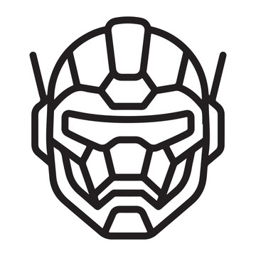 Futuristic robot head icon, sci-fi cyborg helmet vector, minimalist black line art of a mechanical android face for gaming and tech logos