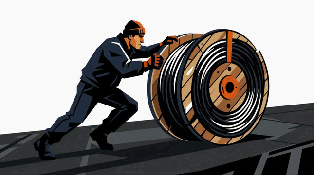 Construction worker pushing a large cable spool on a work site Behind the scenes tournament, vector 2d illustration