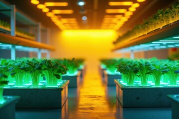 Fototapeta premium Hydroponic Vertical Farm Growing Fresh Green Leafy Vegetables Under LED Lights