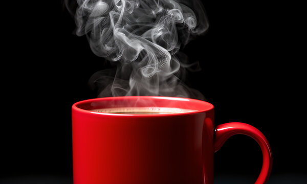A vibrant red mug filled with hot steaming coffee isolated on a black background.