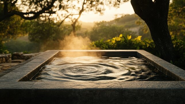 Steaming Water Swirling in Dark Recessed Jacuzzi