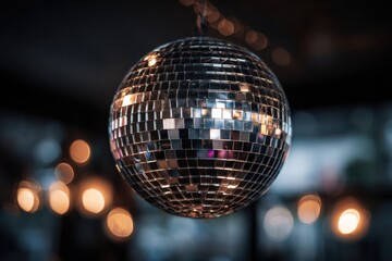 Obraz premium Studio shot of a metallic disco ball suspended in moody lighting with colorful light patterns