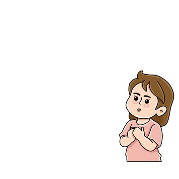 Cute young girl holding hands together hoping or praying cartoon illustration