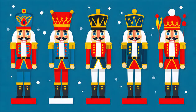 Colorful Nutcracker Soldiers Stand in Festive Winter Setting