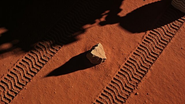 Mars Surface Top Down Red Regolith Rover Wheel Tracks Diagonal Angular Rock Long Shadow Raking Light Evidence Presence Space Exploration Technology Future Concept