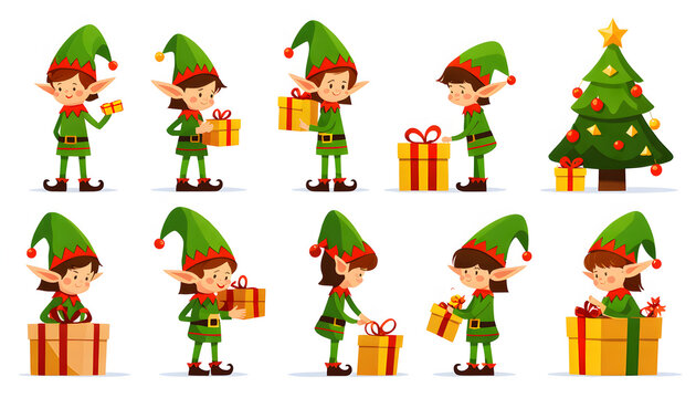 Cartoon elves decorating Christmas tree and wrapping gifts in festive holiday scene