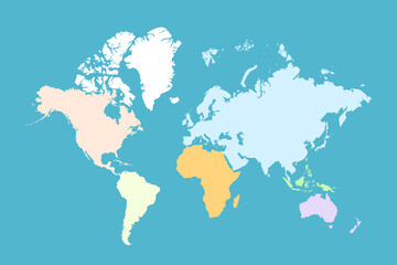 Fototapeta premium Abstract global world map vector illustration with colorful continents on blue background. Educational materials for children, travel blogs.