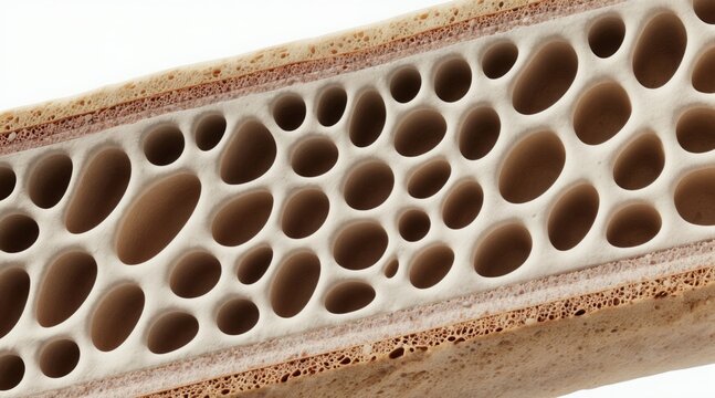 Cross section of healthy bone structure with porous trabecular network. Shows internal detail of cancellous bone tissue and dense cortical bone layer.