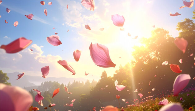 Pink petals falling in dreamy sunlit meadow