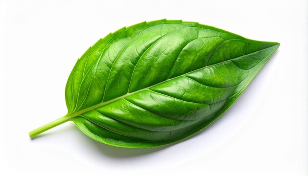 3D bright green basil leaf slightly curved icon isolated on white back