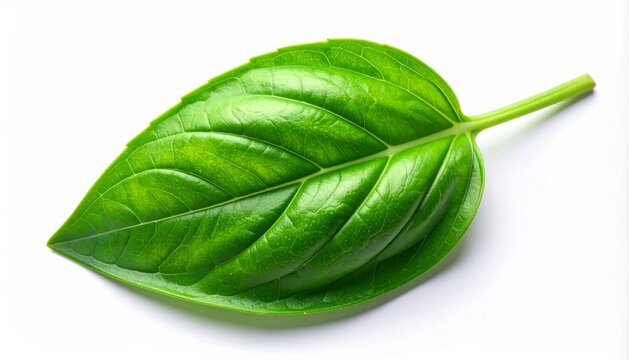 3D bright green basil leaf slightly curved icon isolated on white back