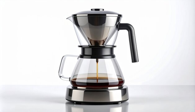 3D drip coffee machine with glass carafe icon isolated on white backgr