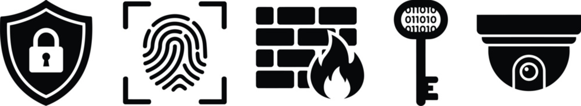 Black security icons set including shield, fingerprint, firewall, key and cctv camera