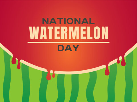 National watermelon day greeting card design with dripping red fruit texture and green striped rind pattern background
