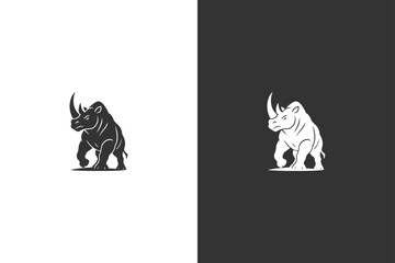 Minimalist black and white rhino illustration displayed on contrasting dark and light backgrounds, emphasizing simple, bold design © DzgnVibe