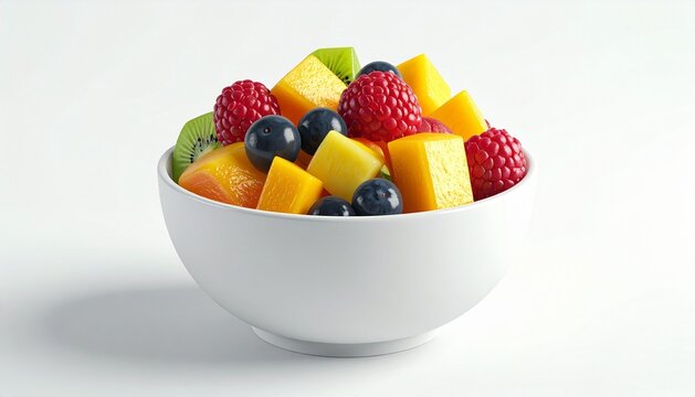 3D bowl filled with simplified mixed fruit pieces icon isolated on whi